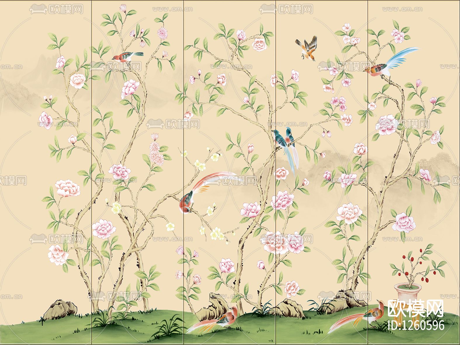中式手绘花鸟壁画硬包