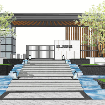 现代台阶景观大门门头su模型