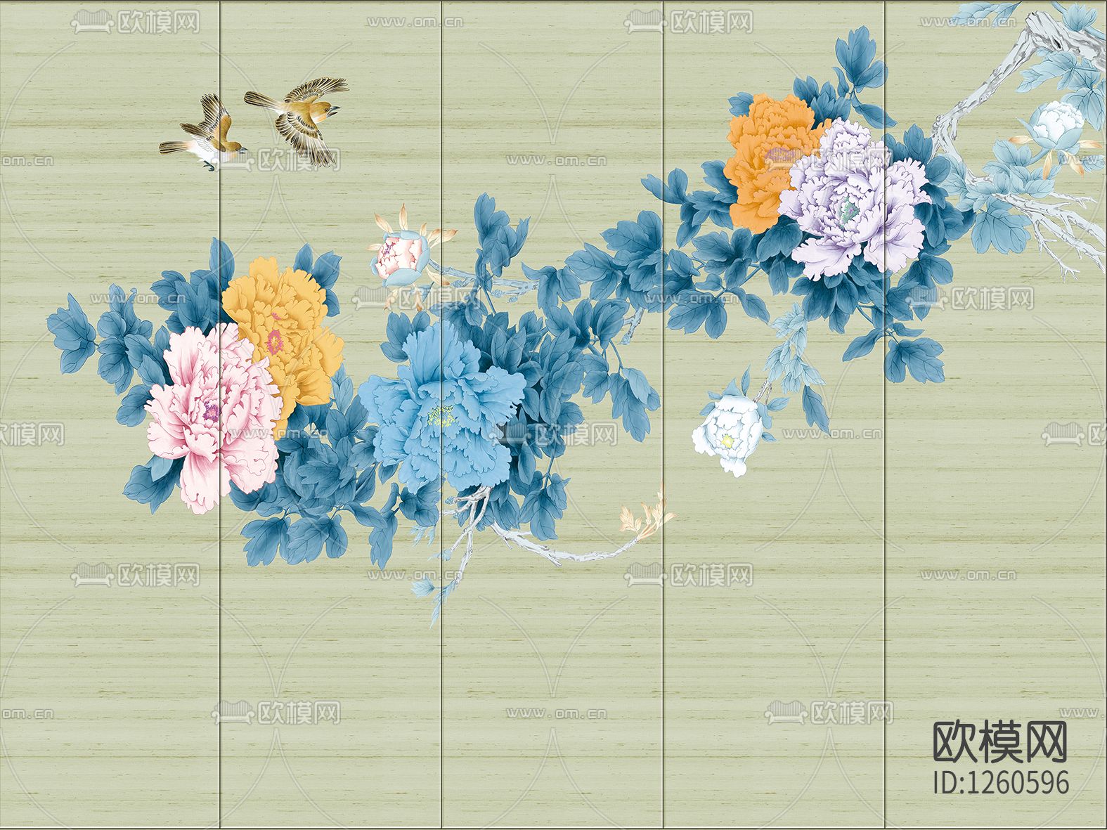 中式手绘花鸟壁画硬包