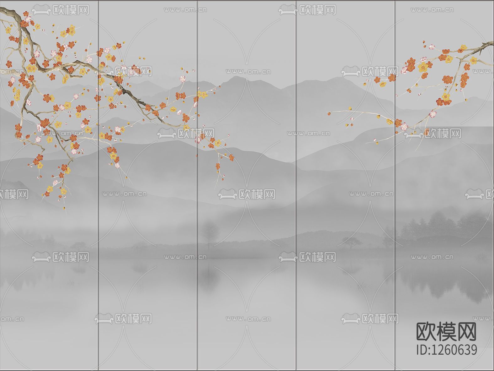 中式手绘花鸟壁画硬包下载（渲染图3）