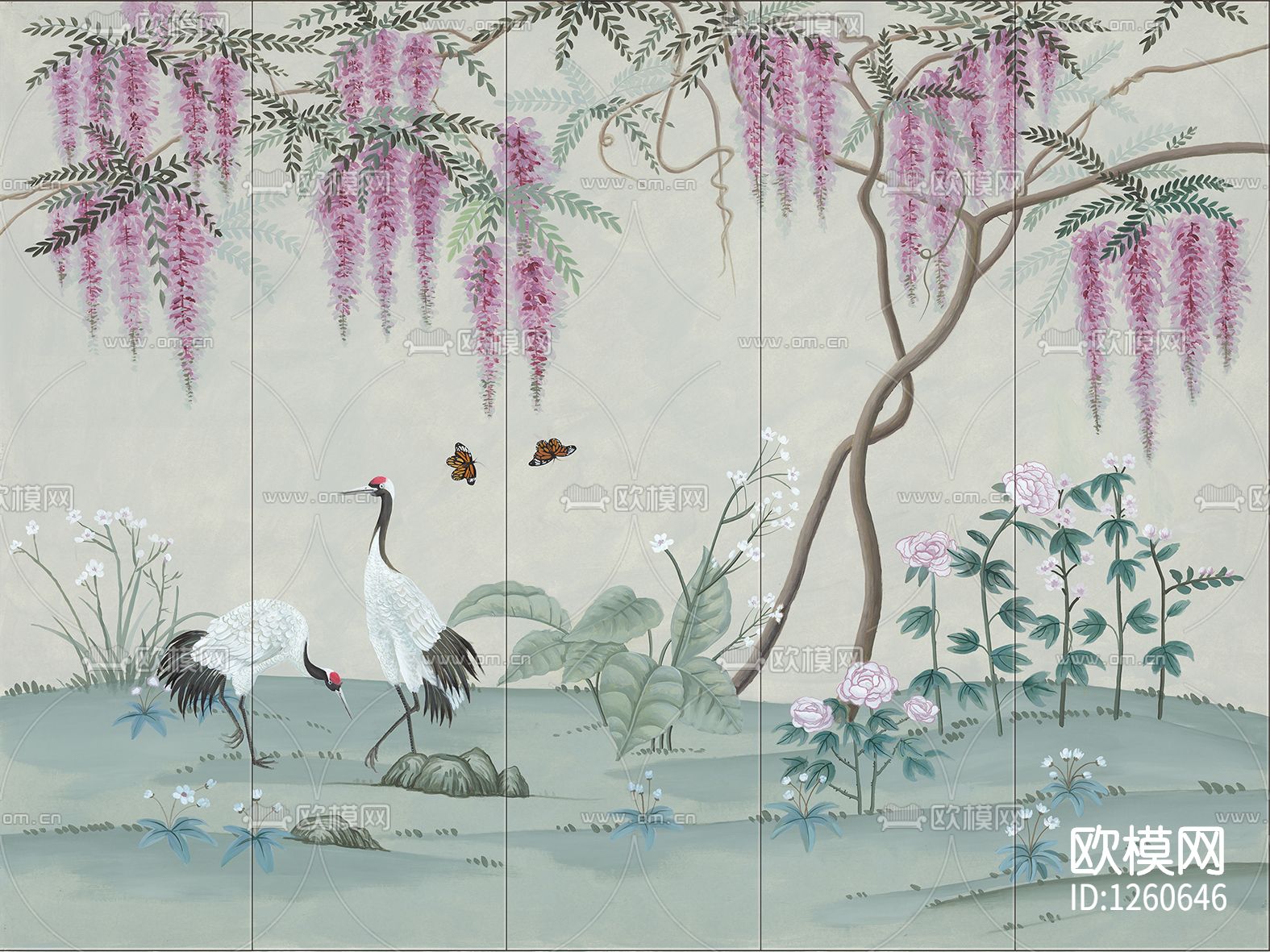 中式手绘花鸟壁画硬包