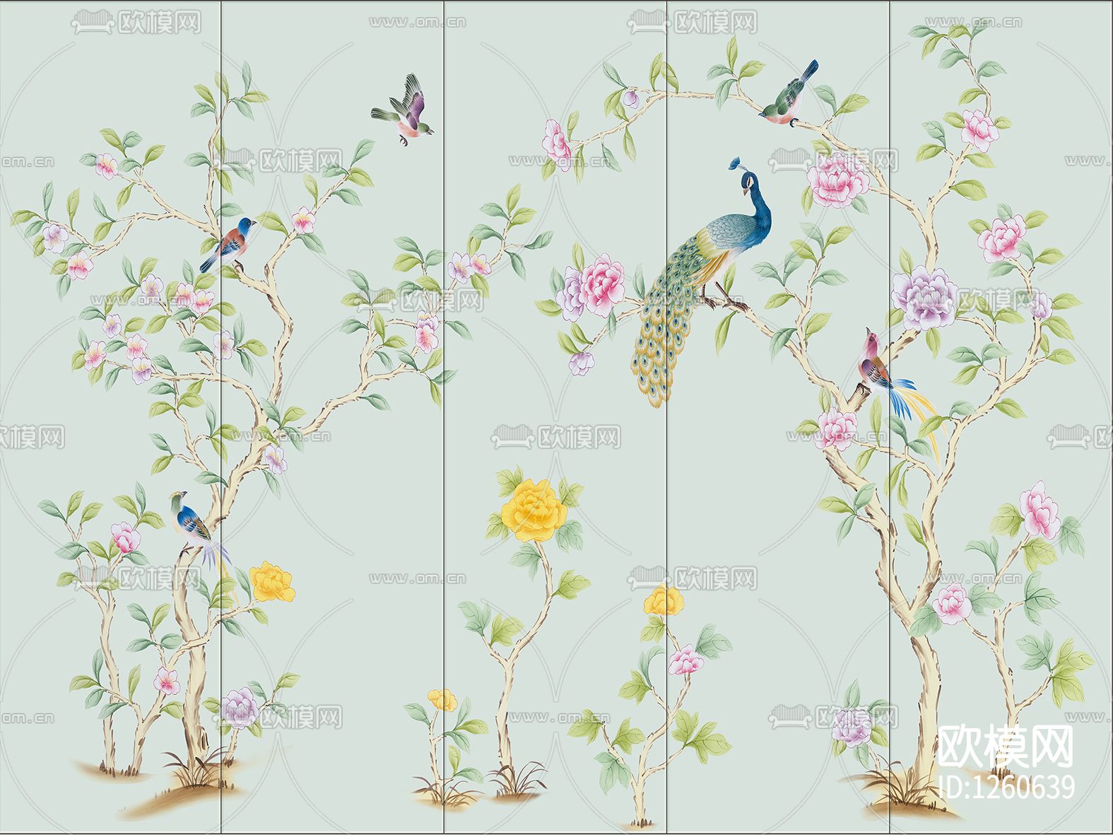 中式手绘花鸟壁画硬包下载（渲染图1）