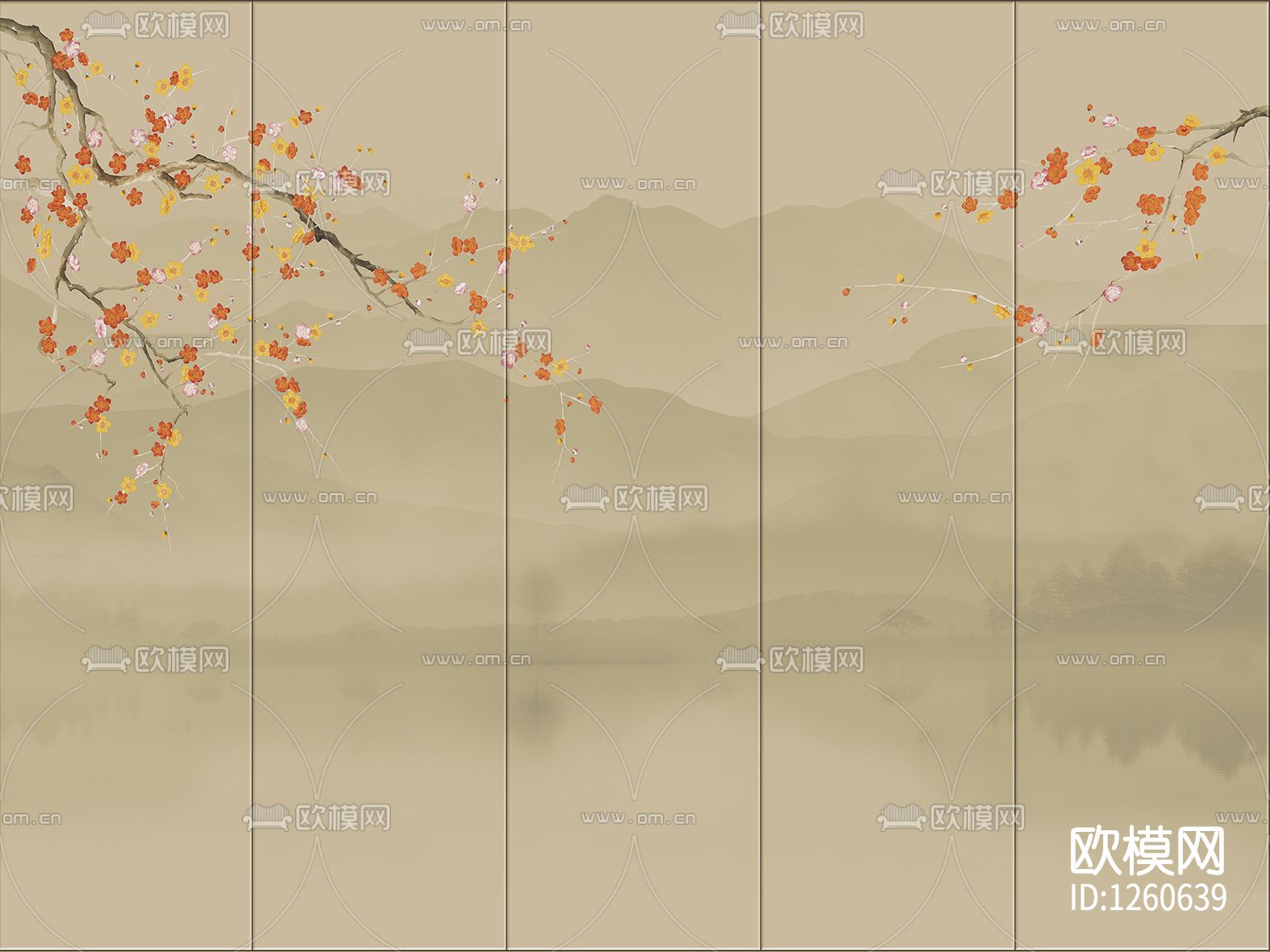 中式手绘花鸟壁画硬包下载（渲染图2）