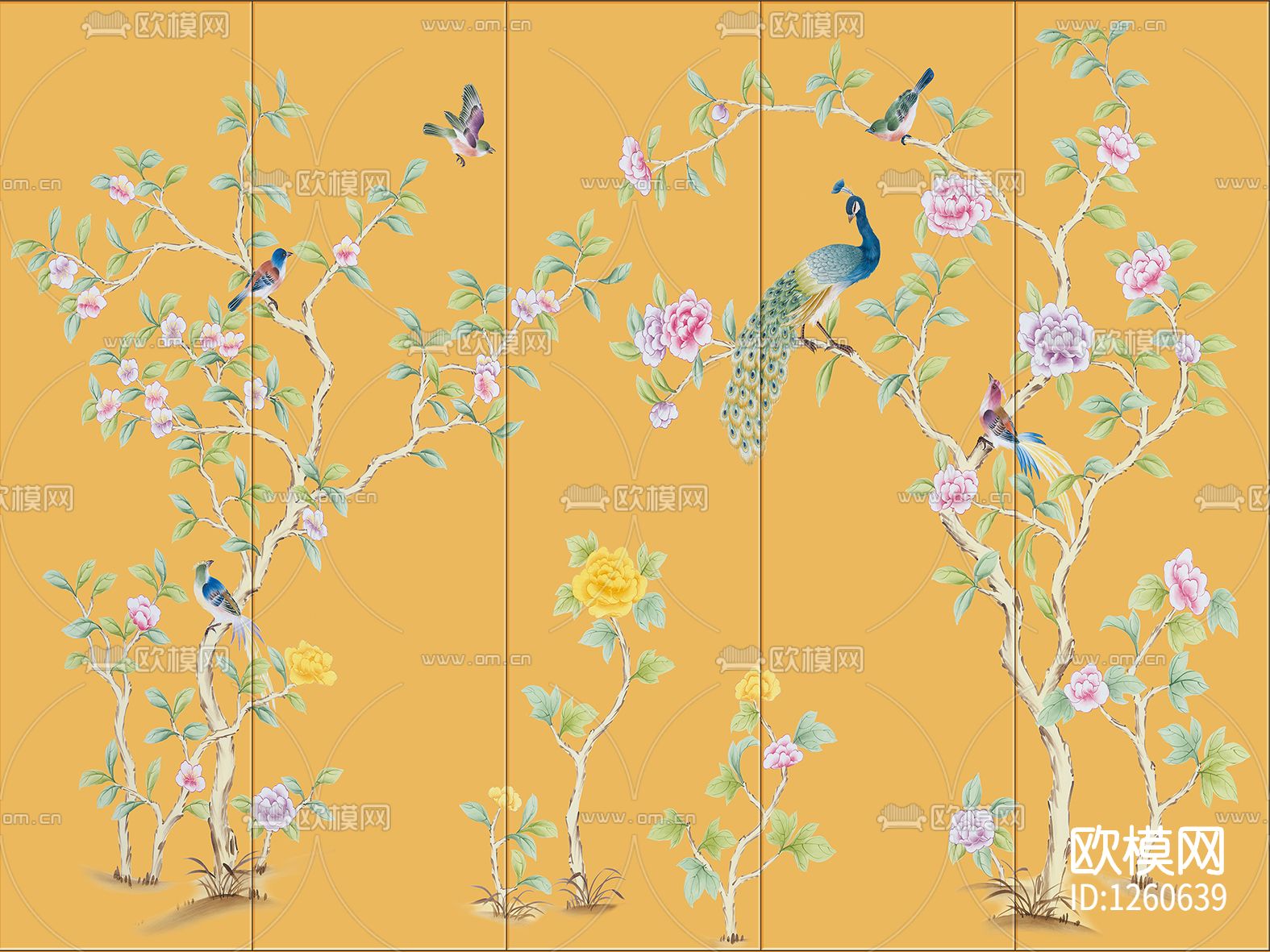 中式手绘花鸟壁画硬包下载（渲染图5）