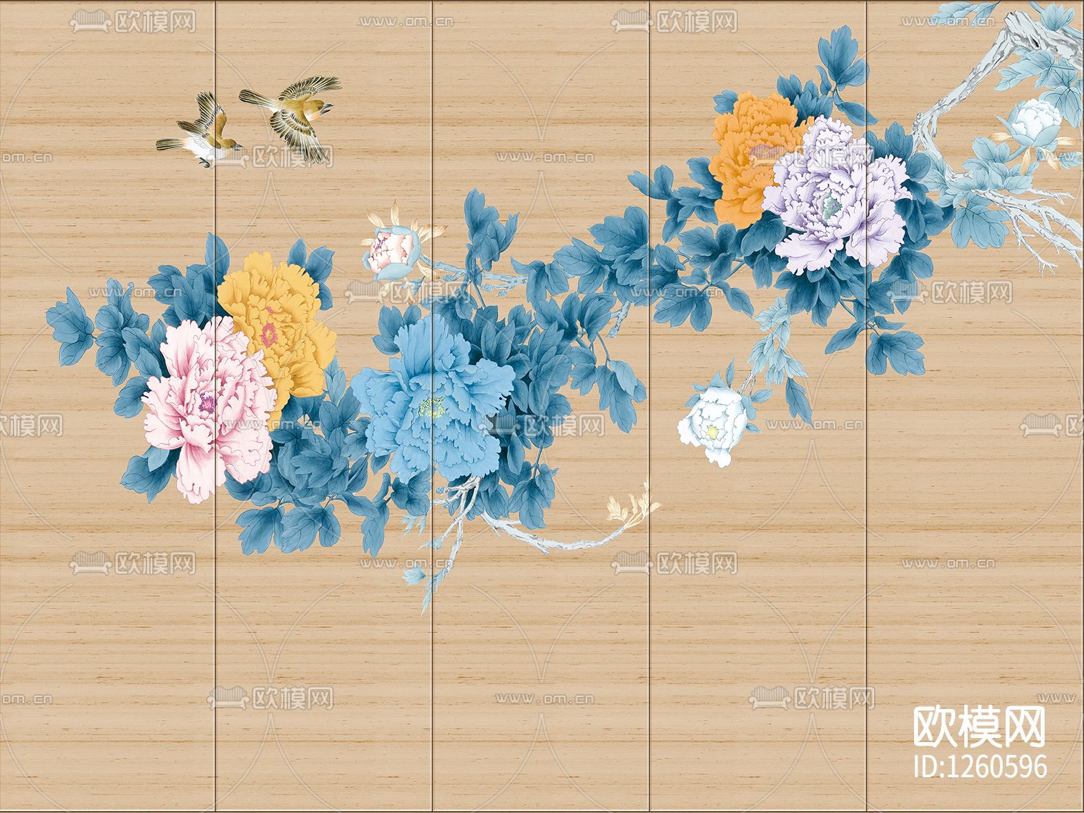 中式手绘花鸟壁画硬包