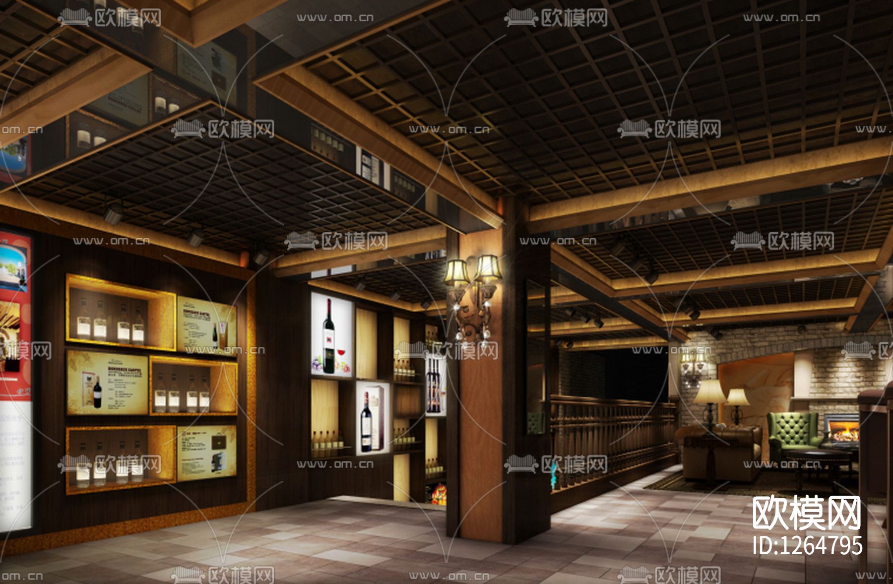 新中式休闲会所效果图cad施工图下载（渲染图10）