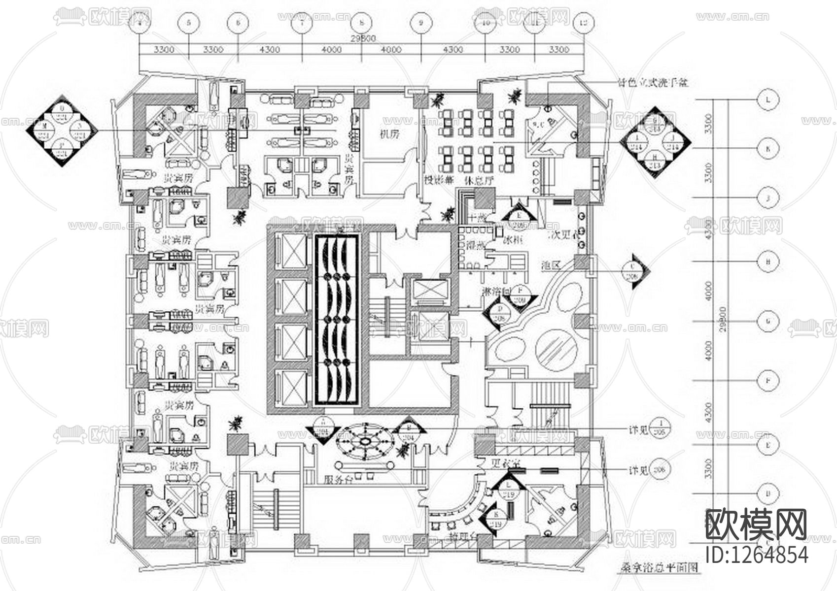 桑拿休闲会所cad施工图下载（渲染图1）