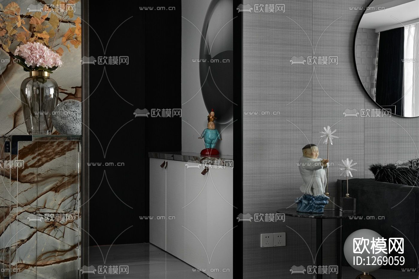 黑白灰客厅cad施工图下载（渲染图4）