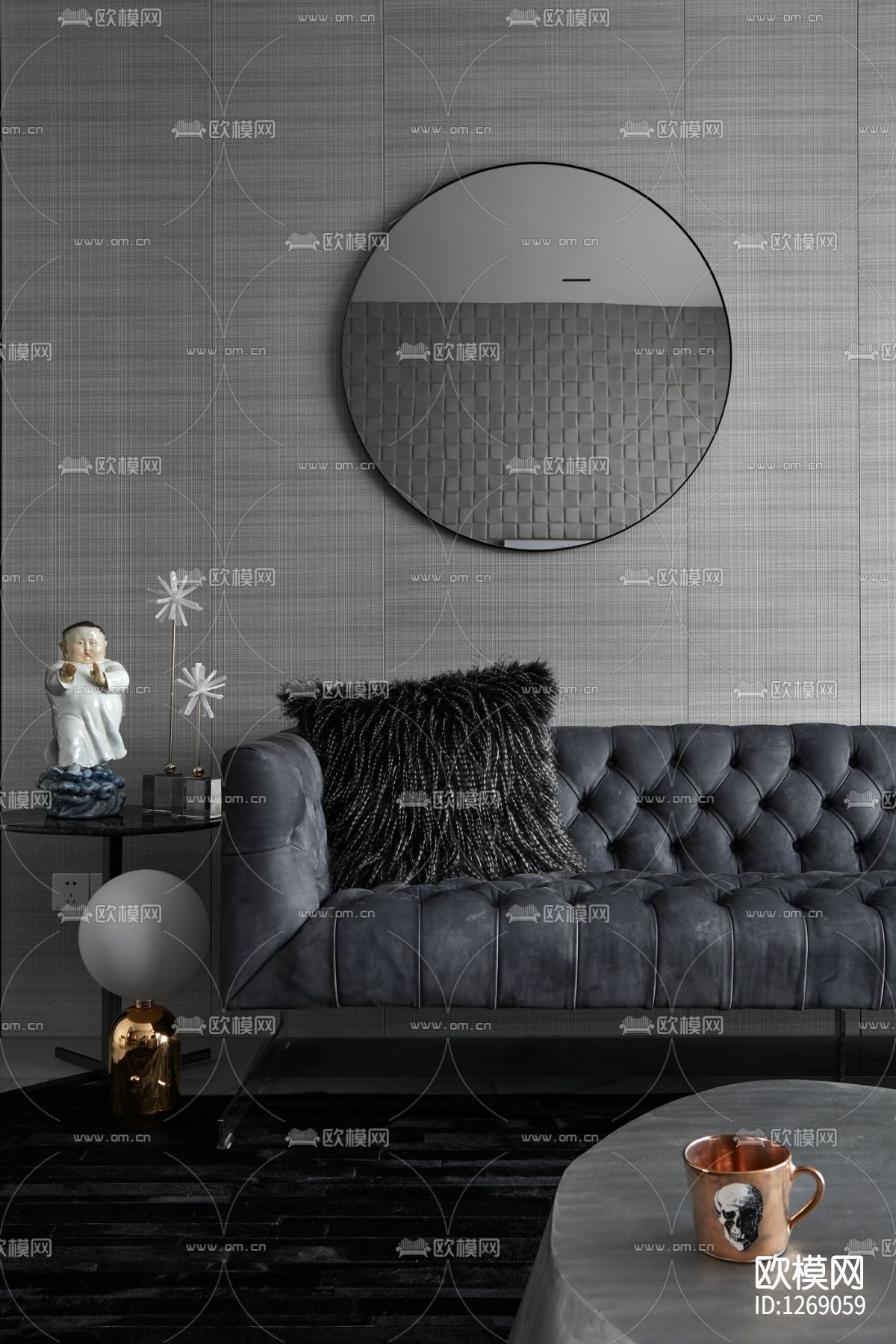 黑白灰客厅cad施工图下载（渲染图7）
