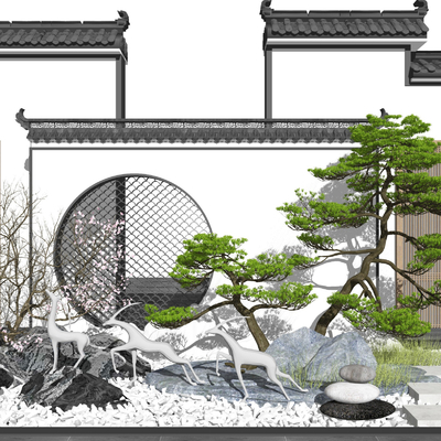 日式枯山水松树马头墙景观小品su模型