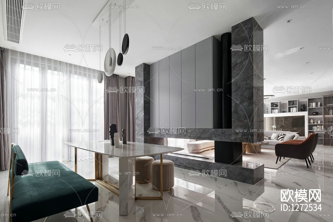 伍重院简约样板间cad施工图下载（渲染图2）