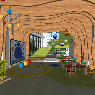  北欧幼儿园过道走廊su模型 