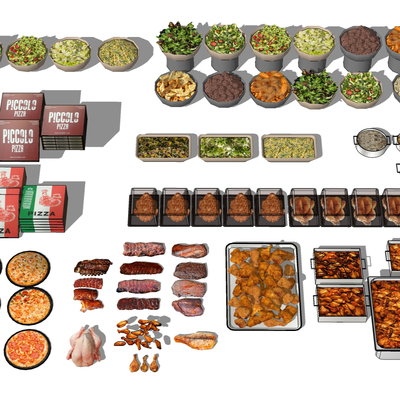  现代快餐盒饭自助餐食物su模型 