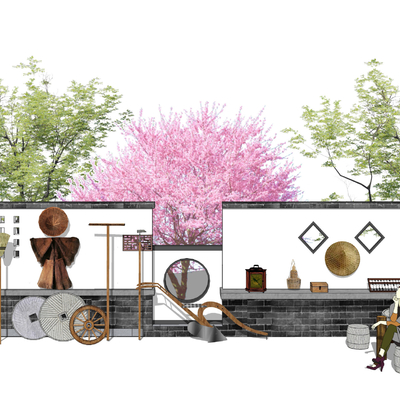 新中式乡村景墙农耕民俗文化景墙su模型