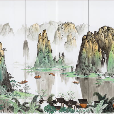  中式手绘花鸟绘壁画硬包 