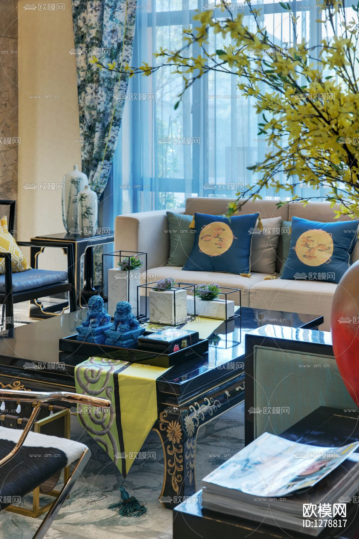 一然设计新中式别墅样板间cad施工图下载（渲染图4）