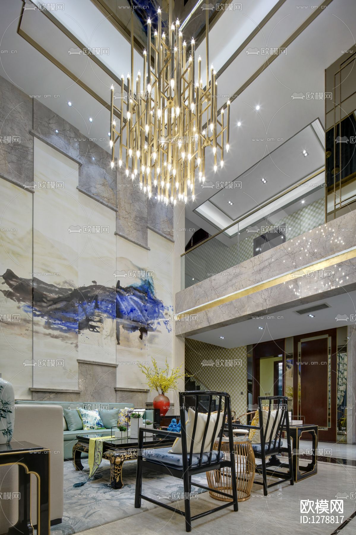 一然设计新中式别墅样板间cad施工图下载（渲染图2）