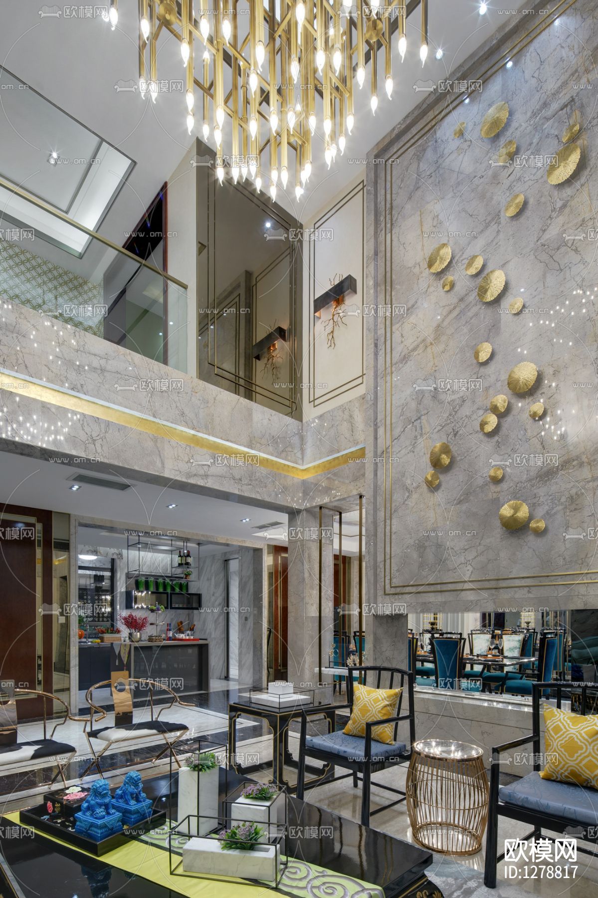 一然设计新中式别墅样板间cad施工图下载（渲染图3）