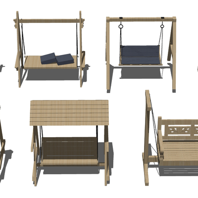  现代实木户外秋千摇椅su模型 