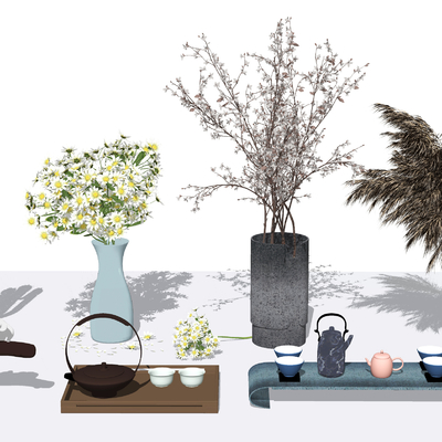 新中式花瓶干花雕塑茶具摆件su模型