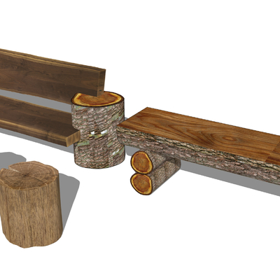 自然风原木户外公共椅su模型