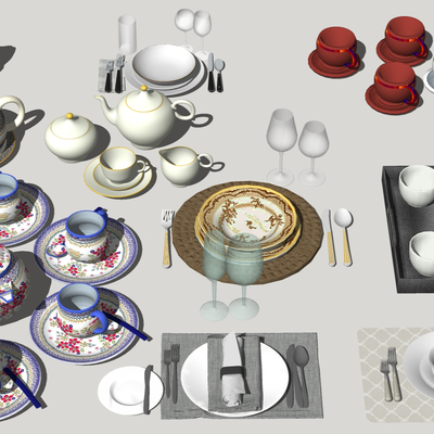  现代餐具茶壶碗碟酒杯su模型 
