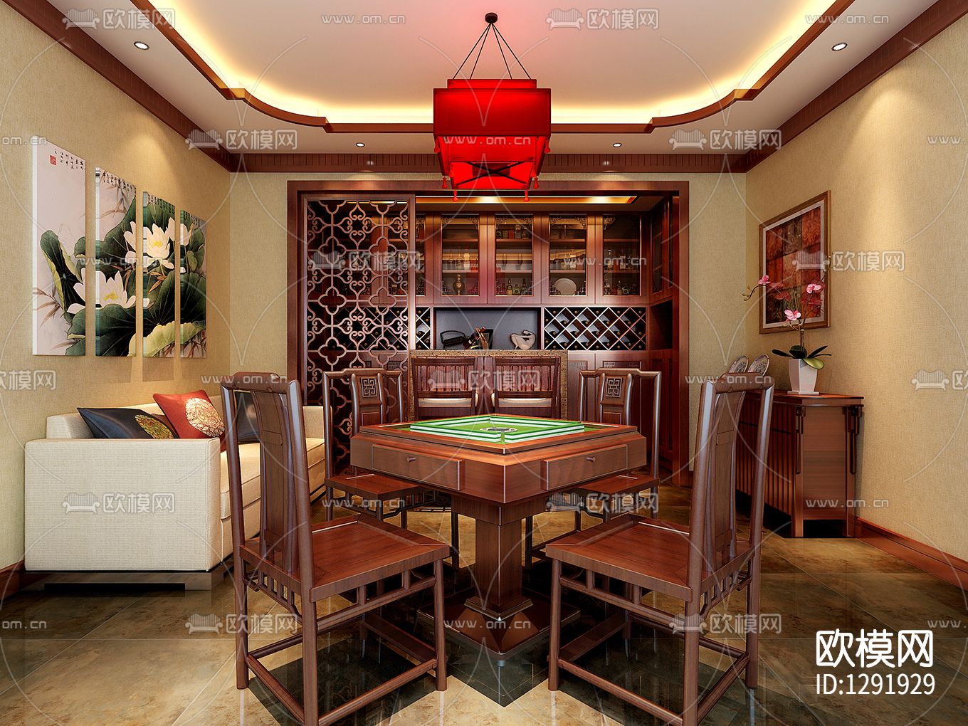 新中式样板房cad施工图下载（渲染图1）