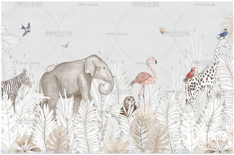 北欧简约卡通动物无纺墙布下载