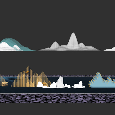 新中式山形山脉雕塑小品su模型