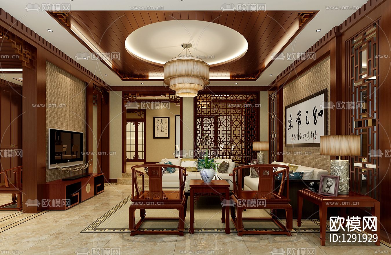 新中式样板房cad施工图下载（渲染图2）