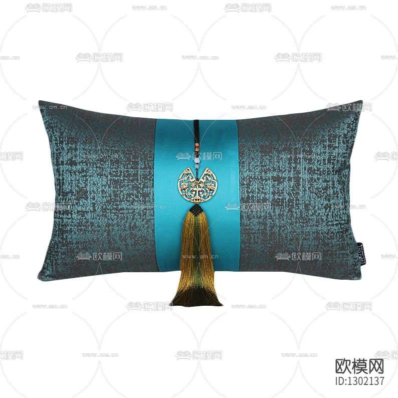 新中式手工扇子吊穗蓝绿丝装抱枕