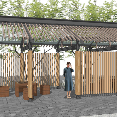 新中式田园景观休闲廊架公园驿站su模型