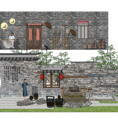 新中式乡村民俗文化景墙标识墙su模型