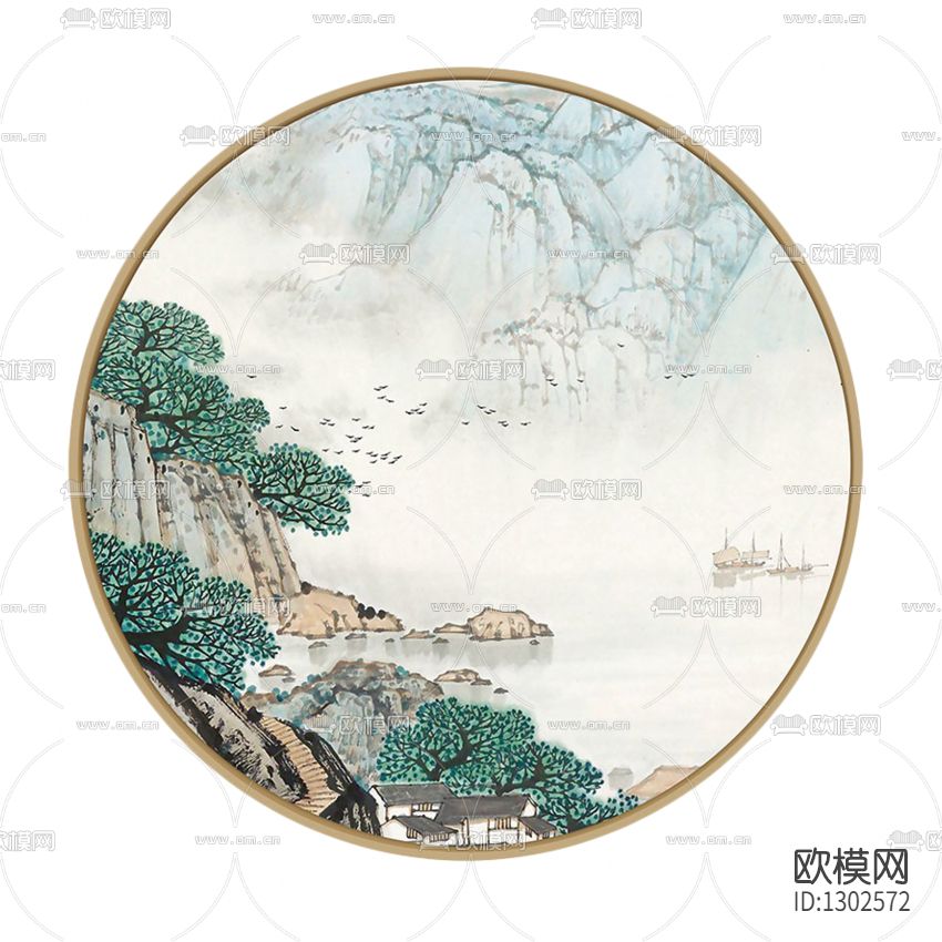 新中式彩色山水圆形挂画