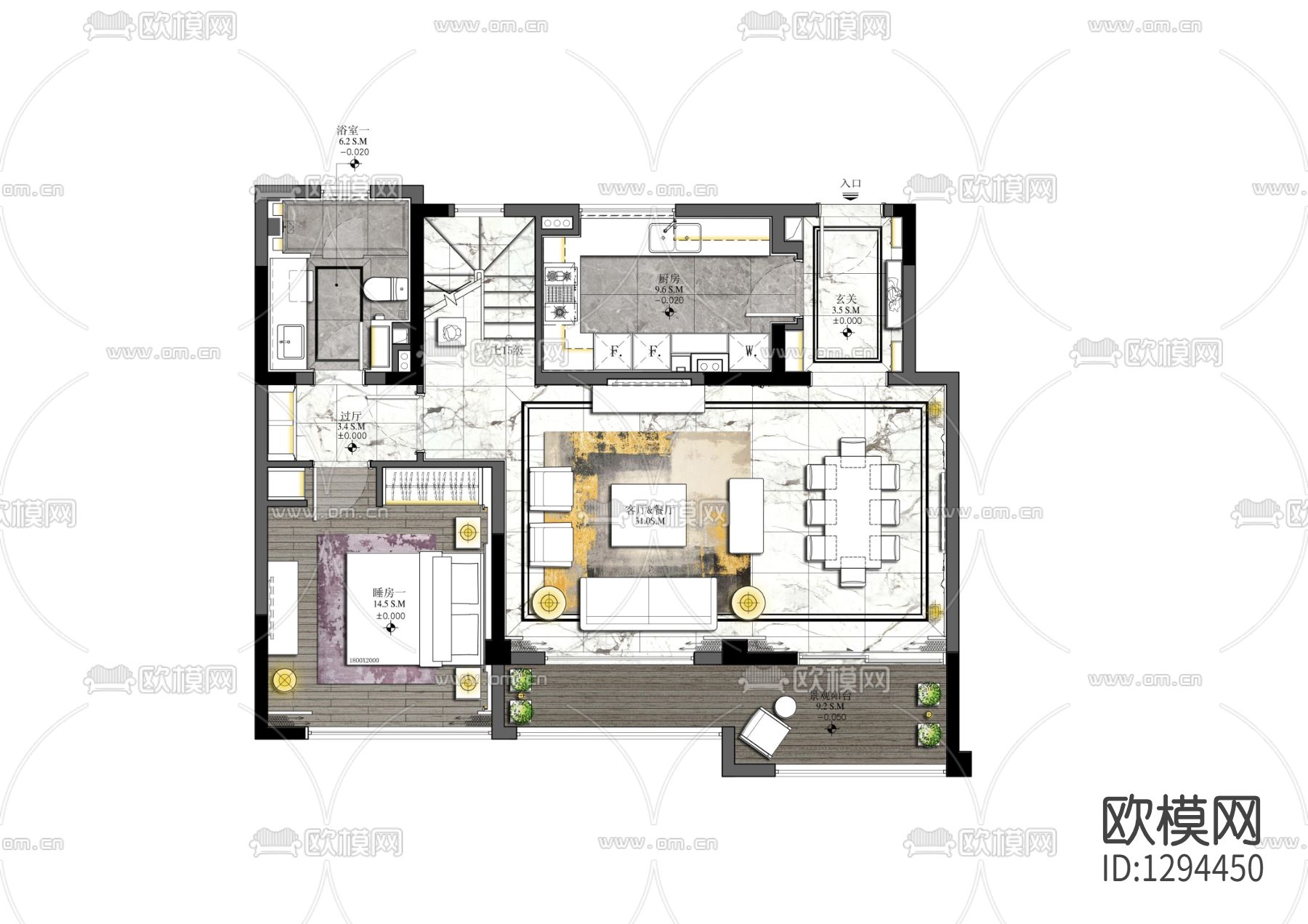 别墅样板间CAD施工图下载（渲染图2）