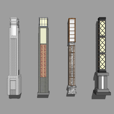 新中式灯柱户外灯su模型 