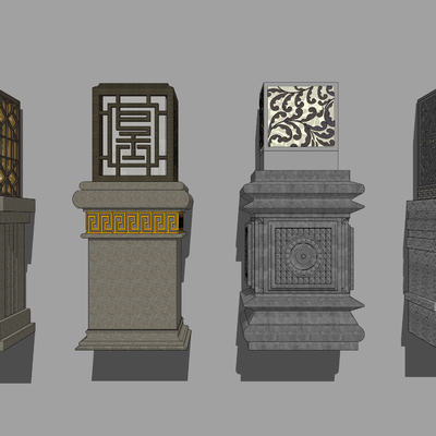 中式灯柱户外灯su模型 