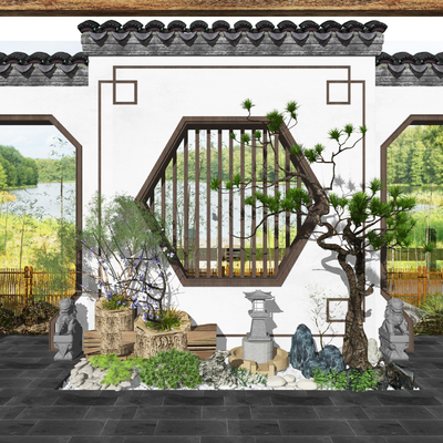 新中式庭院枯山水景观小品su模型