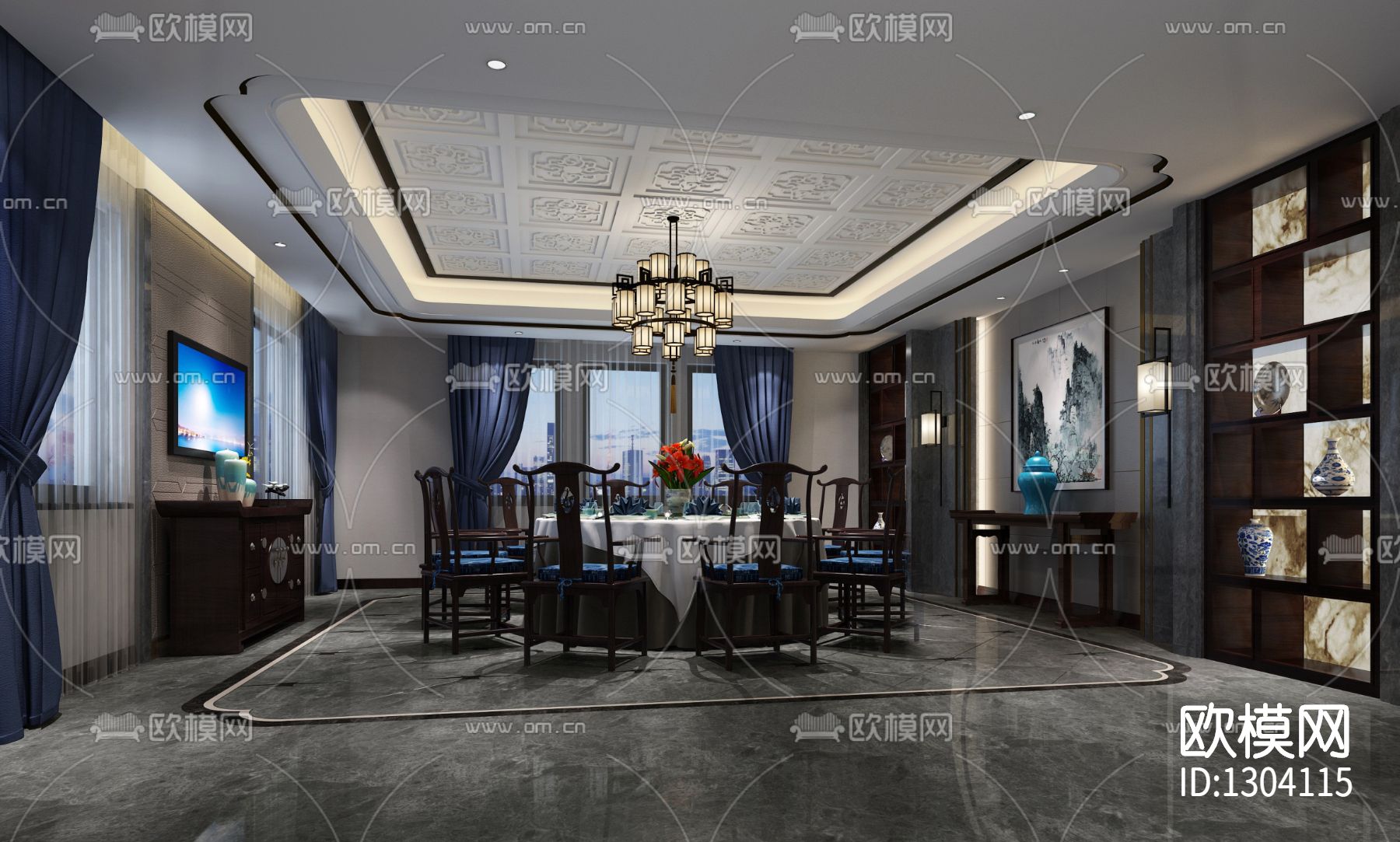 新中式私人别墅cad施工图下载（渲染图4）