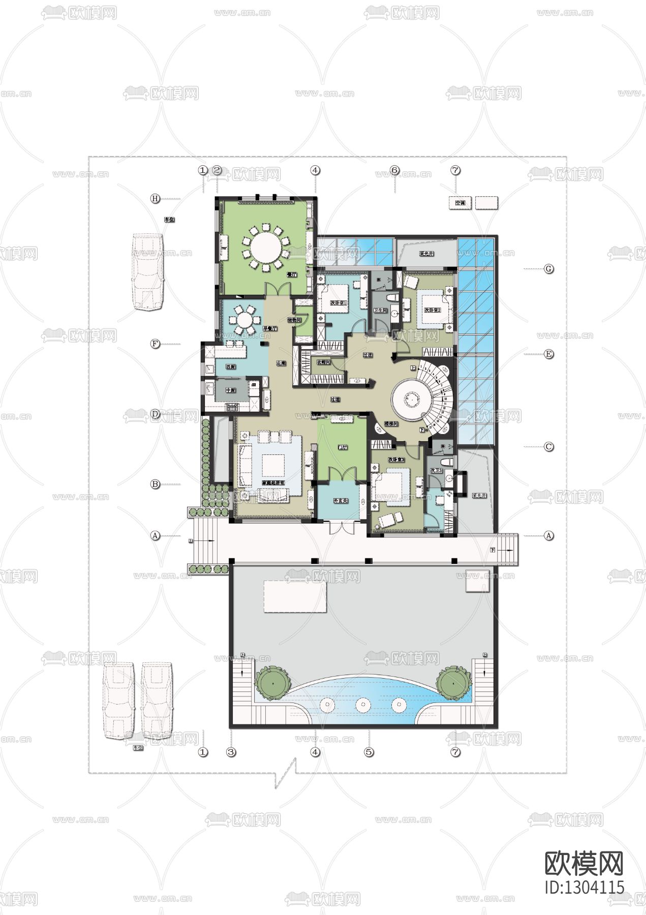 新中式私人别墅cad施工图下载（渲染图1）