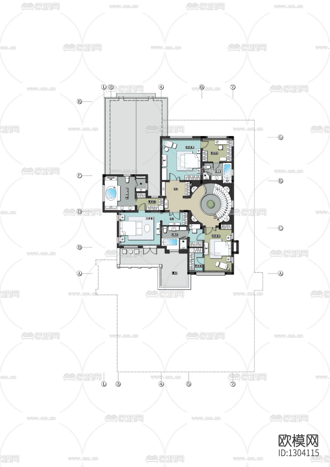 新中式私人别墅cad施工图下载（渲染图2）