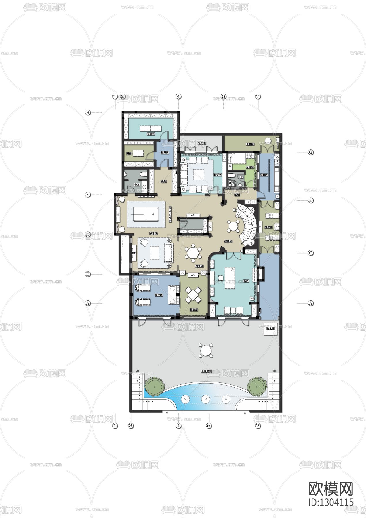 新中式私人别墅cad施工图下载（渲染图3）