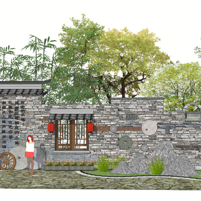 中式民俗文化景墙绿植小品su模型