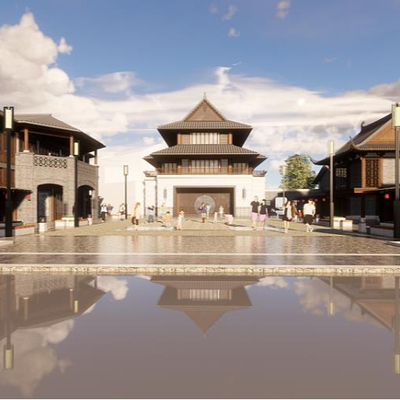  中式风情商业街su模型 