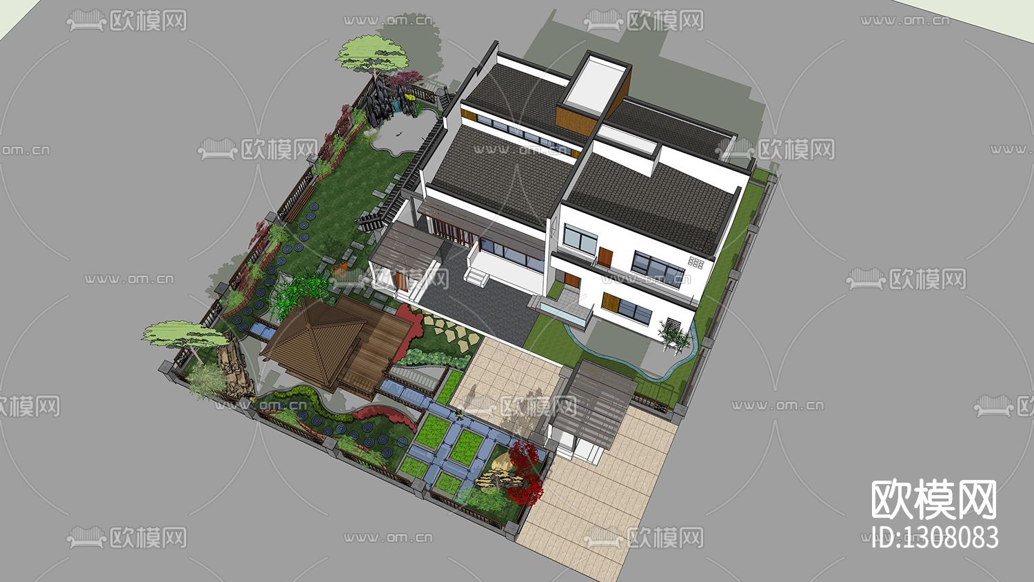 新中式别墅cad施工图下载（渲染图1）
