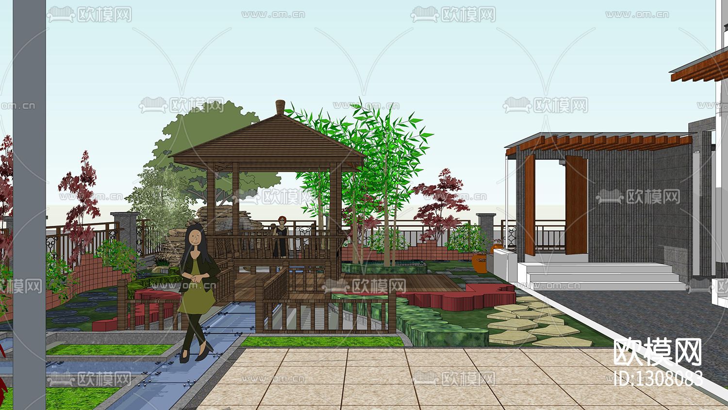 新中式别墅cad施工图下载（渲染图2）