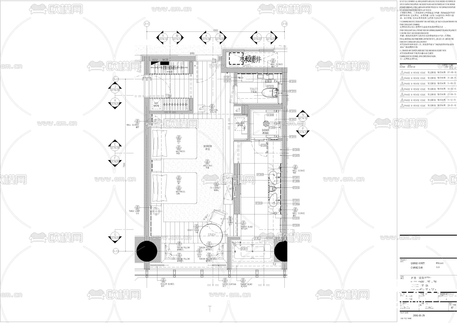 酒店标准双人间cad施工图下载（渲染图1）