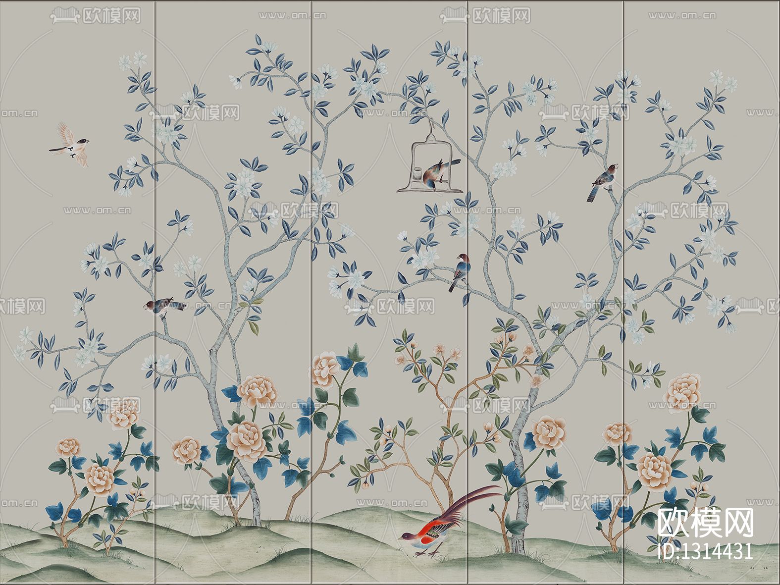 中式花鸟壁画贴图