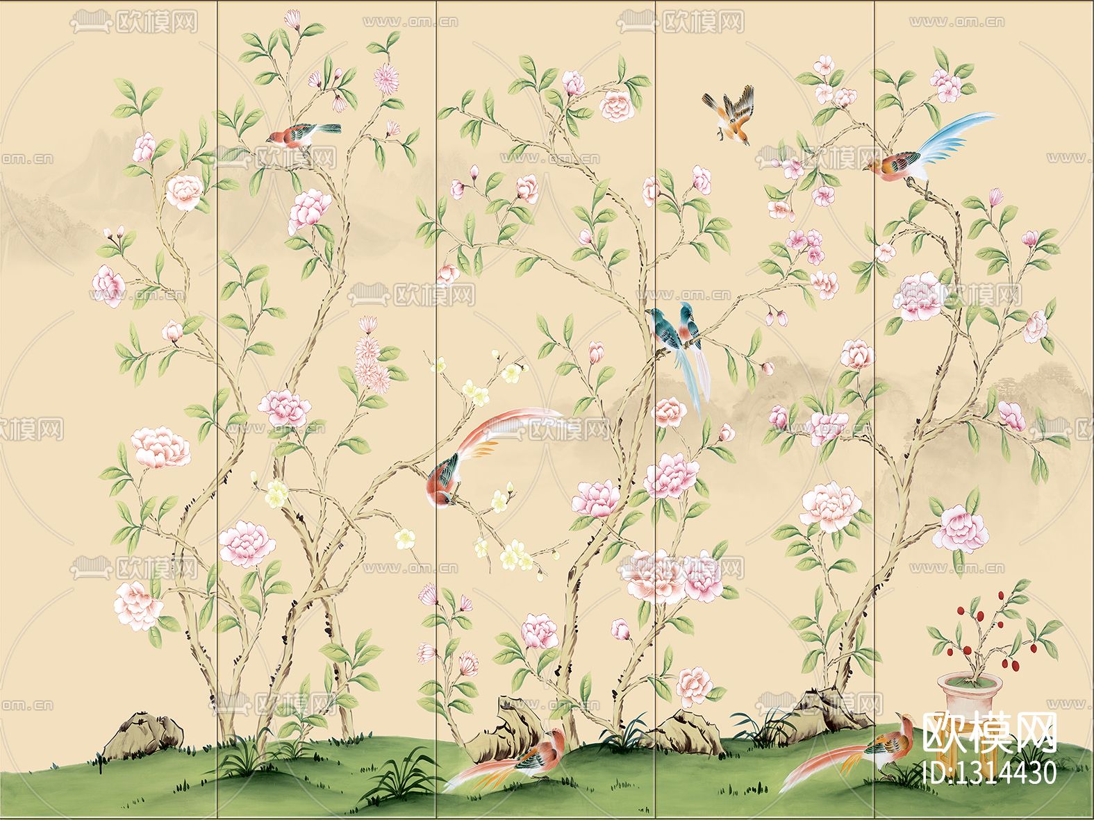 花鸟艺术壁画贴图下载（渲染图1）