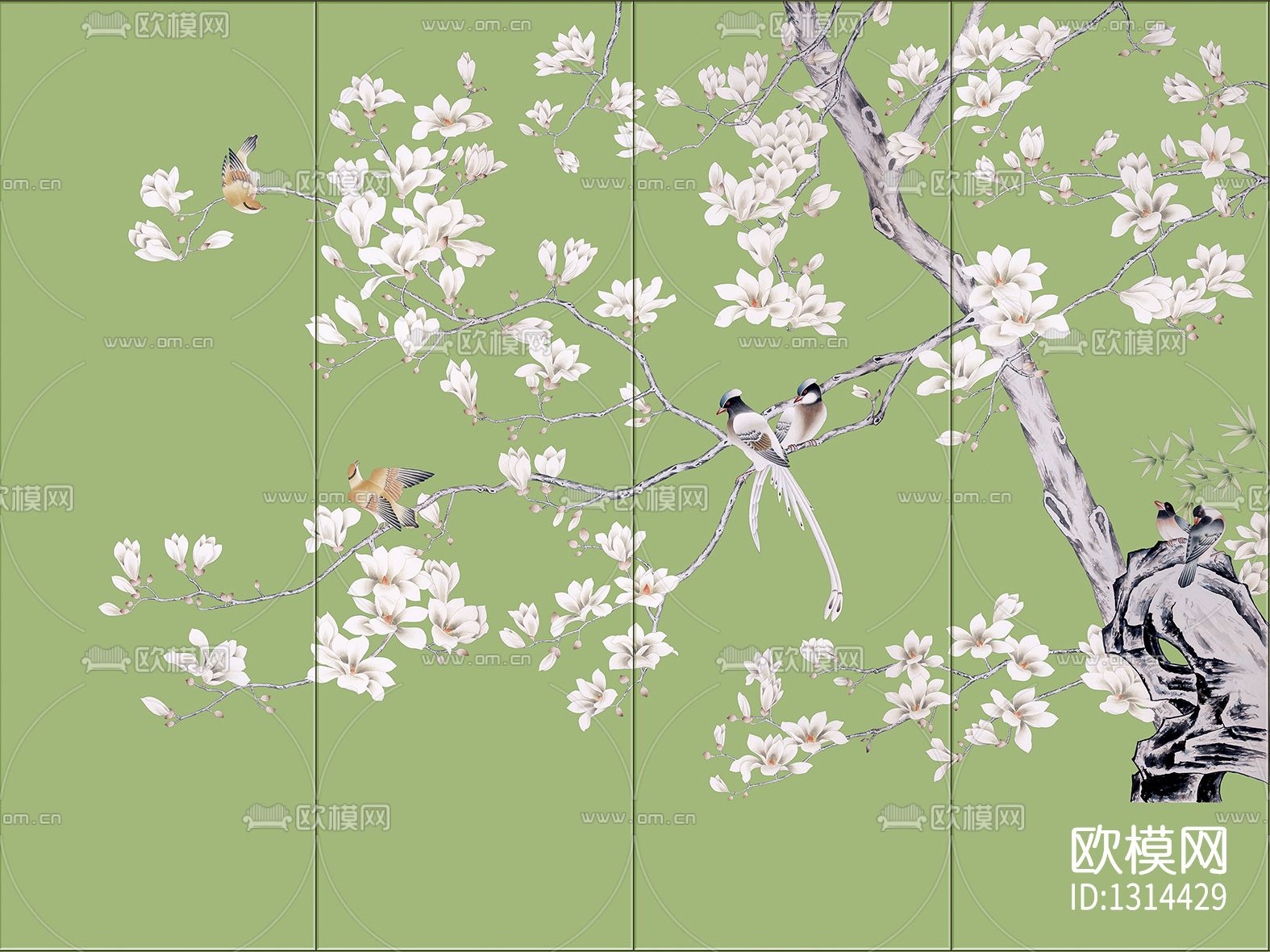 中式花鸟壁画贴图下载（渲染图2）